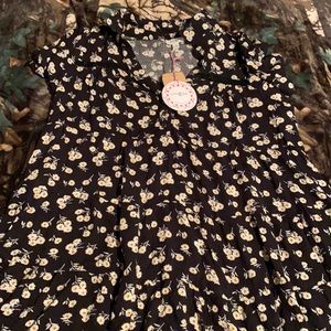 NWT black floral babydoll tiered short dress with collar
